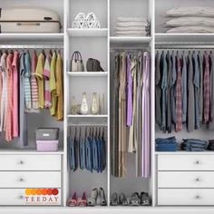 an organized closet with clothes and shoes on shelves, drawers and hanging rails in white