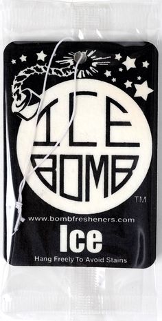 an ice bag with the word ice bomb on it and stars around it in white