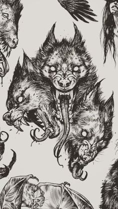 an ink drawing of some animals with their mouths open