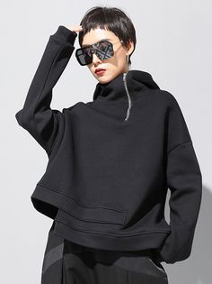 Black Hoodie Sweatshirt With Zipper Closure, Black Zipper Closure Sweatshirt For Fall, Black Zipper Sweatshirt For Fall, Edgy Hooded Fall Sweatshirt, Edgy Fall Hoodie Sweatshirt, Casual Winter Sweatshirt With Asymmetrical Zip, Urban Half-zip Hoodie For Fall, Urban Half-zip Fall Hoodie, Winter Funnel Neck Top With Zipper Closure