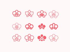 six flower icons in red on a white background