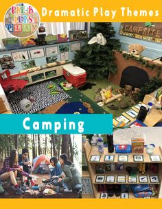 a collage of photos with the words dramatic play themes camping in front of them