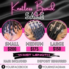 Braid Special Flyer, Hair Poster Design, Pink Braids, Hair Poster, Knotless Braid, Sales Flyer, Beauty Room Salon, Diy Social Media, Waist Length Hair