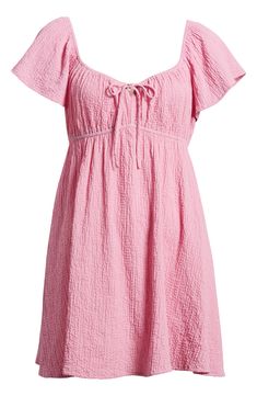 A crinkled texture lends throw-on-and-go ease to this darling dress designed with an Empire waist. 31" length (size Medium) Sweetheart neck Unlined Short sleeves 50% polyester, 48% rayon, 2% elastane Hand wash, line dry Imported Casual Crinkle Texture Dress For Daywear, Beach Dresses With Crinkle Texture And Short Sleeves, Beach Dresses With Crinkle Texture, Short Sleeve Crinkle Texture Beach Dress, Spring Daywear Dress With Crinkle Texture, Crinkle Texture Dresses For Daywear In Spring, Pastel Lavender, Tie Front Dress, Darling Dress