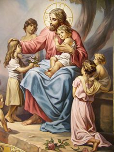 a painting of jesus holding the child in his arms with other children around him and looking on