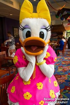 a person in a duck costume standing with her hands on her face and looking at the camera