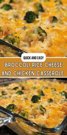 broccoli rice cheese and chicken casserole is shown in two separate pans