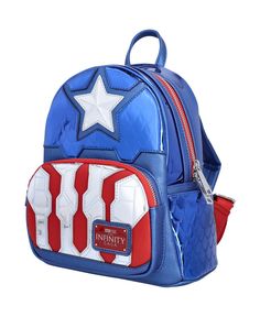 a blue and red backpack with a star on it