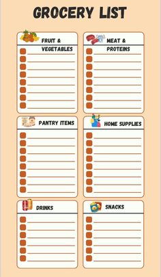 the grocery list is shown in orange and white, with food items labeled on it