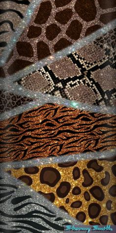 four different colors of animal print fabric with gold, brown and black designs on them