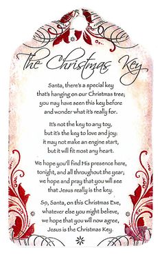 a christmas poem written in red and white with an ornate design on the bottom corner