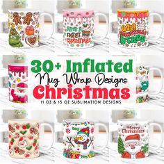 coffee mugs with christmas designs on them and the words, 30 inflatable mugs