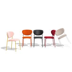 four chairs in different colors and sizes on a white background