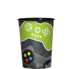 a cup with a video game controller on it