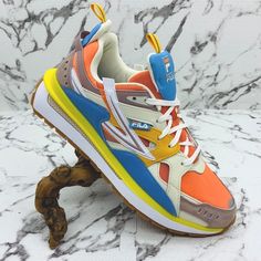 Leather / Textile / Synthetic Embossed Logos On Tongue And Back Counter Reflective Detailing On Toe Box Mesh Overlay On Midsole Pull Tabs On Heel And Tongue Logo Tab On Quarter Dusty Orange, Dusk Blue, European Shoes, Velcro Shoes, Golden Rod, Burgundy Shoes, Orange Shoes, Mens Athletic Shoes, Red Sneakers