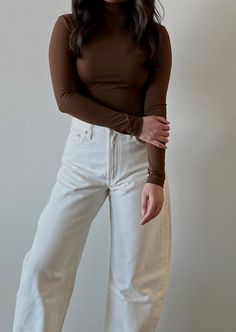 Luxe Turtleneck Bodysuit - Chocolate - house of lolo Mock Neck Top Outfit Layered, High Neck Bodysuit Outfit, Brown Bodysuit Outfit, Mock Neck Top Outfit, Brown Bodysuit, Bodysuit Outfit, High Neck Bodysuit, Turtleneck Bodysuit, Body Suit Outfits