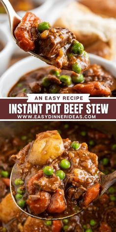 a spoon full of instant pot beef stew with peas and carrots in the bowl