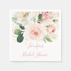 a white card with pink flowers and gold foil on the bottom reads, jenny's bridal shower