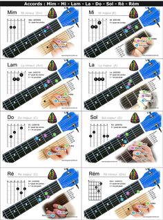 the guitar chords are arranged in four different positions, including one for each finger and two for