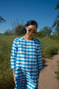 Part of a series of vintage inspired dresses, this deceptively simple blue and white gingham silk dress is a take on a 60s mod look, with a modern twist: pockets. Blue gingham silk featuring 3/4 sleeves and front pockets. Florida Woman, Mod Look, 60s Mod, Knit Alpaca, Vintage Inspired Dresses, Blue Gingham, Inspired Dress, Silk Dress, Gingham