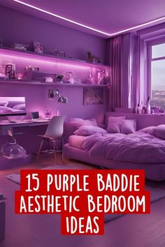 purple bedroom with bed and desk in the corner, text reads 15 purple badie aesthetic bedroom ideas