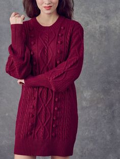 Our Perfect Cozy Sweater Dress Stay cozy by the fire in our chunky must-have Cable Knit Sweater Mini Dress in sangria. So easy to dress up or down. This is one dress that will last & stay in your wardrobe through the years Product Details: Color: Sangria Cable knit sweater Mini dress Chunky knit Ribbed round neckline Long sleeves with ribbed cuff Relaxed fit silhouette 100% Acrylic