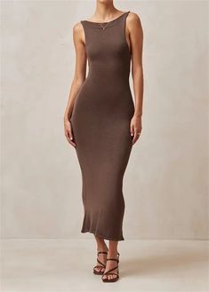 Olivia Mark - Sleeveless Bodycon Halter Neck Dress with Backless Design and Tie Straps - Elegant Long Maxi Dress Earthy Dresses Aesthetic, Brown Summer Dress, Brown Knit Dress, Dark Brown Dress, Delicate Dress, Open Back Midi Dress, Muted Brown, Brown Midi Dress, Earthy Brown