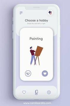 an iphone screen with the text choose a hobby on it and someone is working on a painting easel