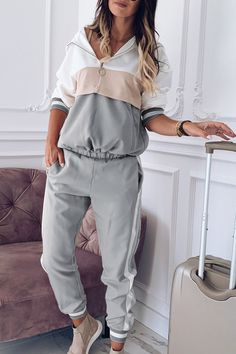 Lounge Wear Plus Size, Plus Size Tracksuit, Female Suit, Pink Tracksuit, Patchwork Crop Top, Celana Fashion, Sports Wear Women, Pullover Mode, Color Block Sweatshirt