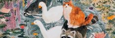 two cats and one dog are standing in the grass with ducks, geese, and flowers