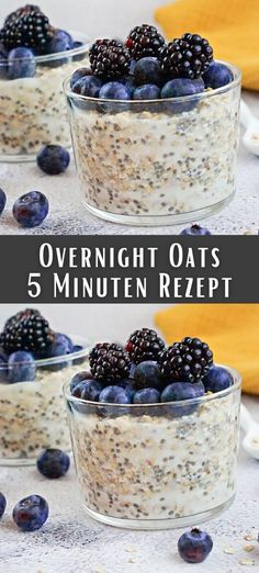 overnight oats with blueberries and chia seeds in glass bowls on a table