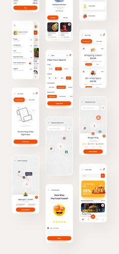 an orange and white website design with multiple sections on it, including the menus