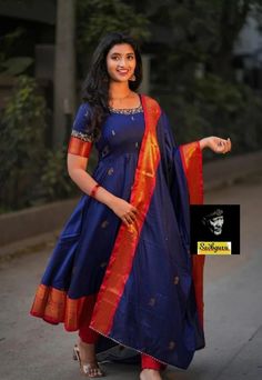 Narayanpet Chudidar, Benaras Long Frock Designs, Long Frocks Pattu Sarees, Anarkali Dress From Silk Saree, Sadi Dresses Design Kurti, Maxi Dress Stitching Ideas, Mangalagiri Dress Designs, Saree Gowns Dresses Indian, Pattu Kurti Designs