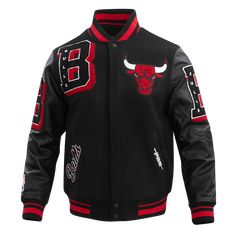 The Pro Standard Premium NBA Chicago Bulls Mashup Men's Rib Wool Varsity Jacket (Black/Red/Black) Logos Color, American Football Uniforms, Track Suits Women, College Jacket, Bulls Shirt, College Jackets, Camo Men, Nba Chicago Bulls