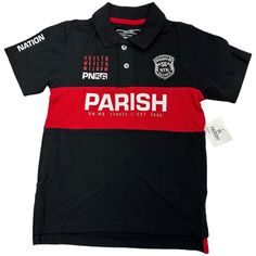 This Parish Nation Color Block Polo Features A Split Hem, Patches, And A Screen Print Design This Item Is New With Tags Color: Black Fabric: 100% Cotton Pique Tag Size: 6(L) Measurements (Approximate Taken With Item Laying Flat) Underarm To Underarm 14“ | Shoulder To Hem 18.5”/20“ Reasonable Offers Welcome! Follow For More Great Finds! (T11) Black Spring Tops For School, Black Cotton Top For School, Black Summer Tops For School, Polo Shirt Girl, Navy Polo Shirt, Blue Polo Shirts, White Polo, Screen Printing Designs, Under Armour Shirts