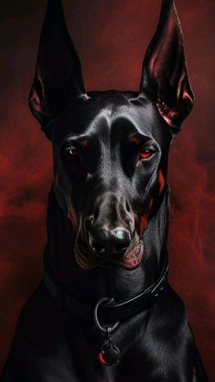 a black dog with red eyes is looking at the camera while wearing a leather collar