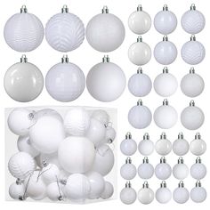 a bunch of white christmas balls and ornaments