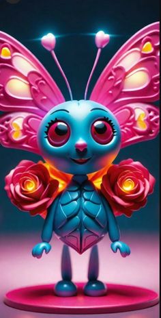 a blue and pink butterfly with roses on it's wings, standing in front of a