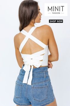 Get ready to turn heads in our White Tie Back Crop Top. This must-have piece features a criss-cross tie closure at the back, adding a playful and flirty touch to your look. The bright white color is versatile and timeless, allowing you to create various outfits for different occasions. The square neckline adds a modern and chic element to the top, making it a stylish choice for any fashion-forward individual. Whether you're heading to a brunch date or a night out with friends. Tie Back Tank Top, Tie Up Crop Top, Top Straps, Fits Inspo, Corset Lace, White Tie, Knit Crop, Cami Tanks, Tie Backs