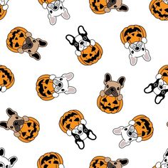 a pattern with dogs and pumpkins on a white background