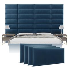 a bed with blue upholstered headboard and four side tables next to it