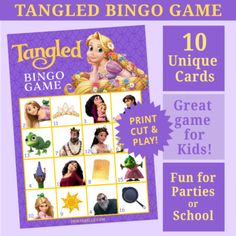 tangled bingo game for kids with princesses and the frog prince on it, includes 10 unique cards