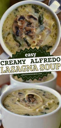 two bowls of creamy alfredo lasagna soup with spinach and mushrooms in them