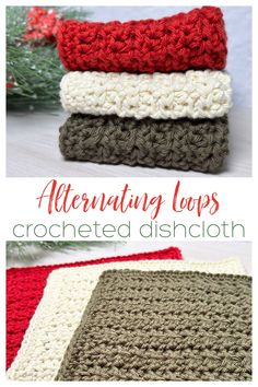 three crocheted dishcloths are stacked on top of each other with the words,