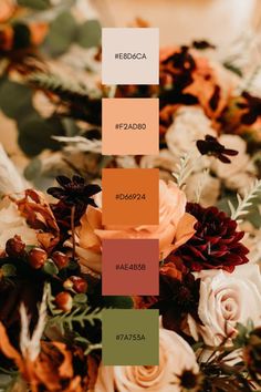 an arrangement of flowers in shades of orange, pink and green with text overlay