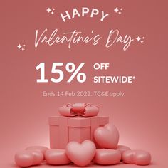 a pink valentine's day sale with hearts and gifts on the bottom right hand corner