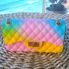 Rainbow Pvc Purse With Gold Chain 5" By 81/2" In Length By 3" Wide New With Tags Kurt Geiger, Pink Yellow, Gold Chain, Gold Chains, Bag Lady, Purse, Rainbow, Tags, Chain