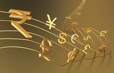 golden musical notes with currency symbols on them