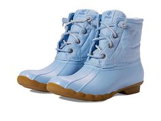 Sperry Saltwater Seacycled Nylon - Women's Boots : Light Blue : Keep your feet dry by stepping into the Sperry Saltwater Seacycled Nylon boots. This pair is equipped with the Wave-Siping system offering ultimate traction on both wet and dry surfaces. Textile and synthetic upper. Breathable textile lining and insole. Lace-up and zippered side closure. Ankle-length boots. Round toe silhouette. Non-marking synthetic outsole. Imported. Measurements: Heel Height: 3 4 in Weight: 15 oz Shaft: 6 in Prod Duck Float, All Weather Boots, Sperry Women's, Womens Rain Boots, Ankle Bootie, Wet And Dry, Sperrys, Ankle Booties, Winter Boot