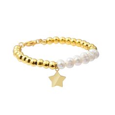 Stately Steel Simulated Pearl Beaded Star Drop 7" Bracelet  A section of glowing simulated pearls beautifully interrupts the line of shining stainless bead you'll find on this charming heart drop bracelet.       Approx. 7"L x 5/16"W      Stainless steel     Lobster-claw clasp Gold Bracelets With Star Charm And Round Beads, Bracelet Buisness, Make Clay Beads, Clay Bead Necklace, Beaded Star, Clay Bracelet, Clay Bead, Jewelry Stand, Bracelet Crafts